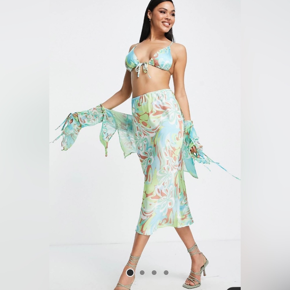 ASOS design satin midi skirt in green swirl print